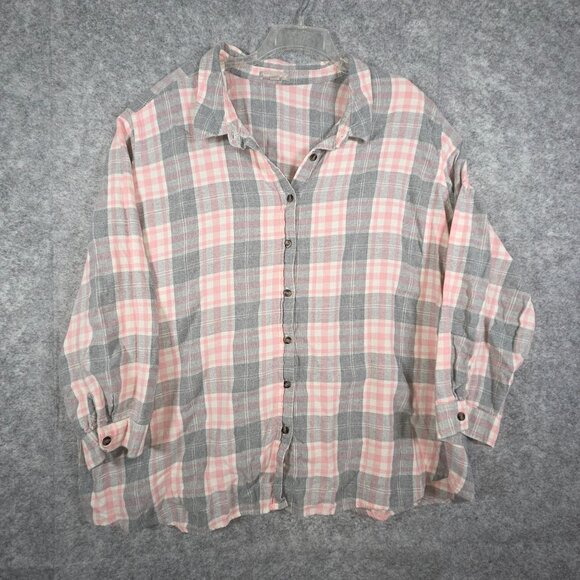 Woman Within Women's flannel Button Up Shirt Plaid Pink White Size 4X Casual - Picture 2 of 7